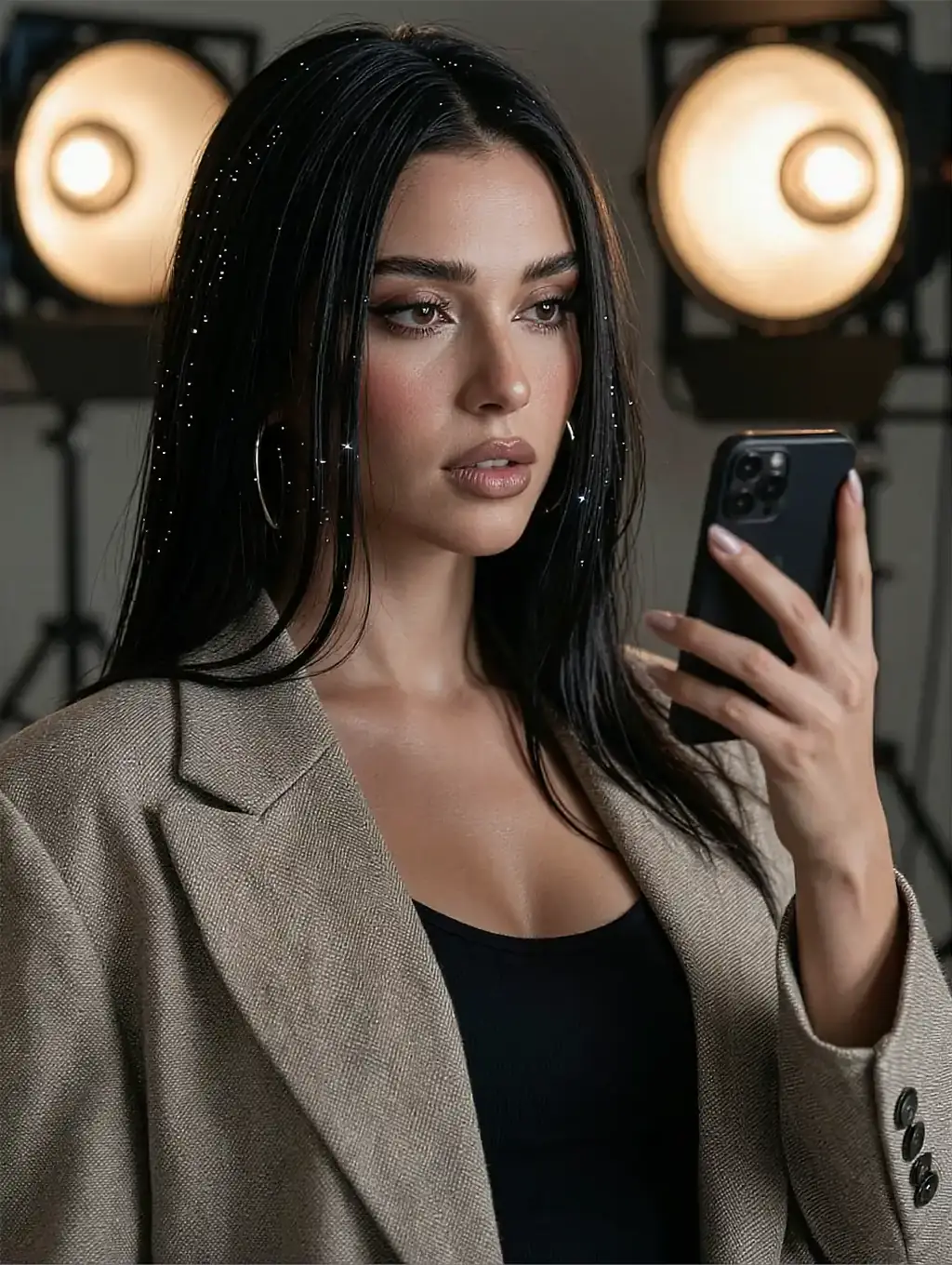 Fictional AI character in a beige blazer holding a phone, two round lamps glowing behind her