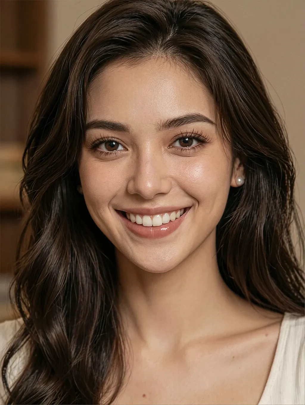 Fictional AI character with long brown hair smiling in daylight in a plain white top